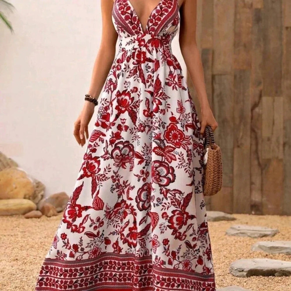 Women's Floral Printed Backless Cross Strap Summe Vacation Dress - Picture 4 of 5